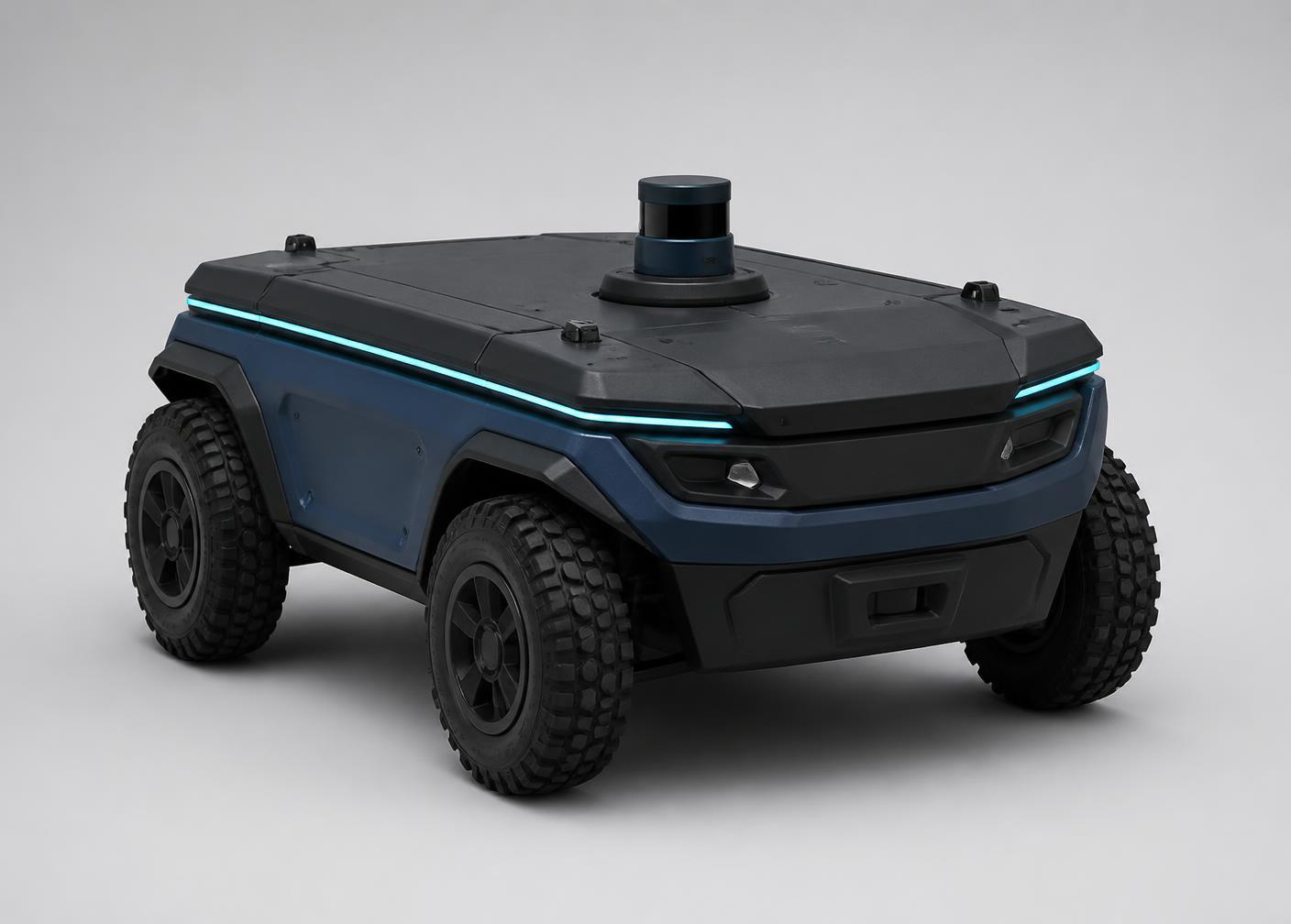 Conceptual render of the compact, low-profile AS-1 autonomous yard-inspection unit on a neutral background