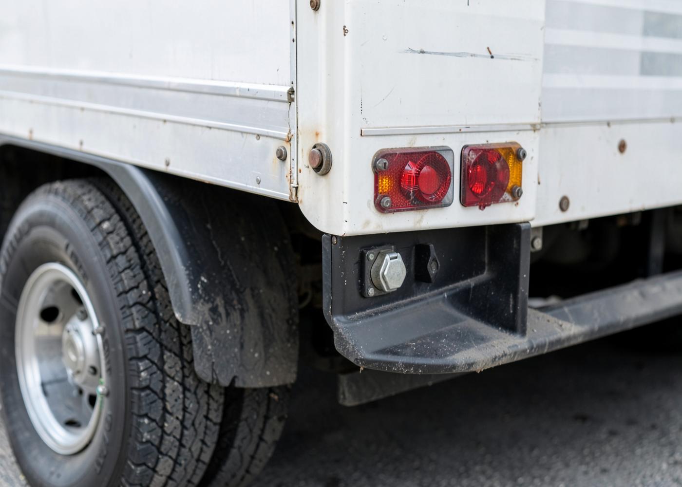 Close-up of the exterior rear corner of a parked commercial trailer showing tire, mud flap and marker lights
