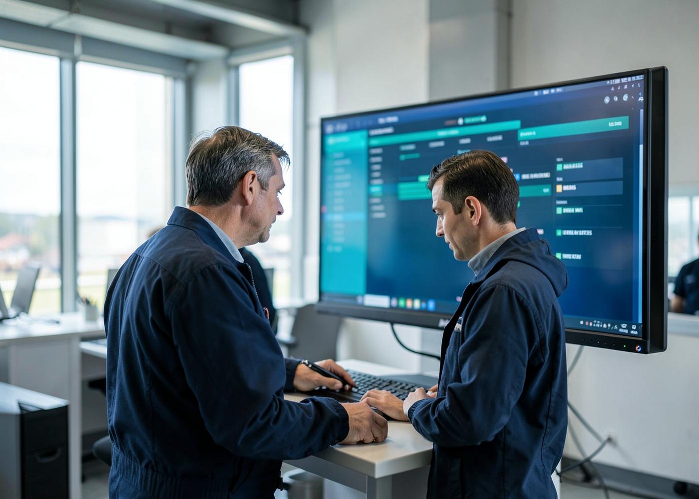 Two fleet operations professionals reviewing organized asset information on a dashboard in a terminal office